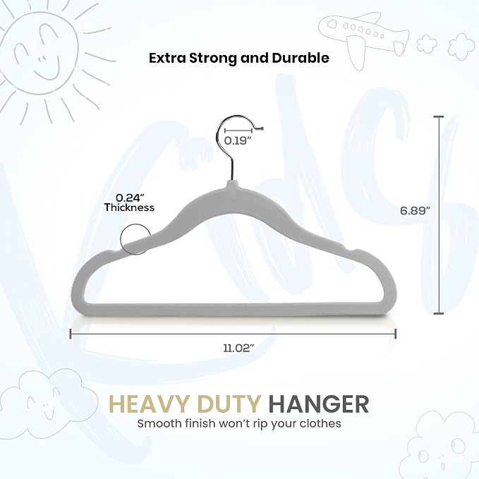 Utopia Home Kids Velvet Hanger 20 Pack – 11" Premium Baby Hangers - Grey | Premium Non-Slip Baby Hangers for Baby and Toddlers, Durable Ultra-Slim Space-Saving Closet Organizers - Image 2