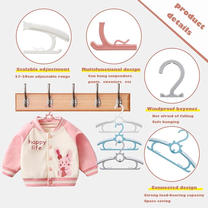 Baby Nursery Closet Hangers,30Pack Space Saving Kids Hange White | Non-Slip Toddler Clothes Hangers,11-14" Adjustable Plastic Infant Hangers for Girl Boy Toddler Kids Child. - Image 3
