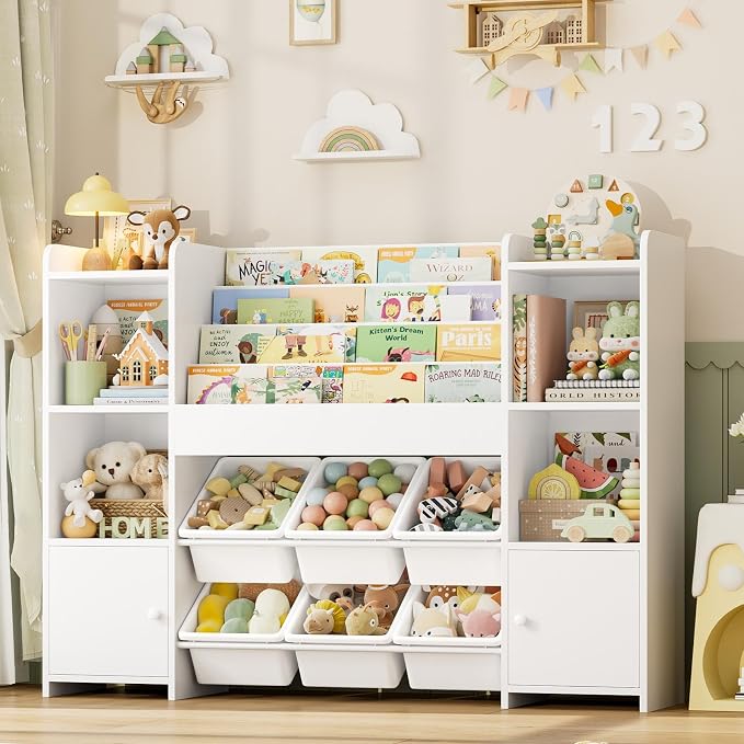 Toy Storage Organizer with 6 Toy Bins & 4 Tier Kids Bookshelf | Toy Organizer with 6 Cubbies, Kids Toy Organizers and Toy Storage with Bins, Playroom Storage and Toy Chest, White by finetones