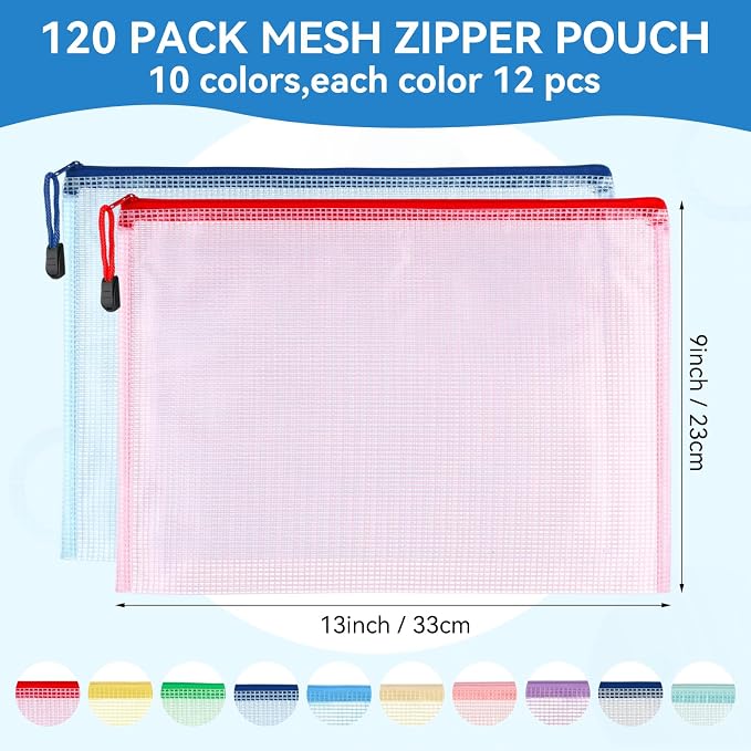 Chuangdi 120 Pcs Colorful Mesh Zipper Pouch Bags A4 Size Board Game Storage Zipper Bags for Organizing, Plastic Pouch Bag in 10 Colors Letter Size Puzzle Storage and Office Supplies - Image 2