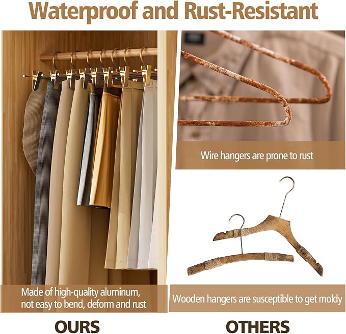 Matte Gold Aluminum Pants Hangers with 360°Swivel Hooks & Non-Slip Adjustable Clips, Lightweight, Durable, Space-Saving Closet Organizer for Trouser, Skirts, Jeans, Scarvf, Kids&Adults, 20 Pack - Image 5