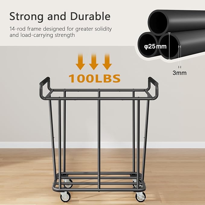 Gewudraw Extra Large Laundry Hamper with Wheels, Heavy Duty Hamper, 360L | Rolling Big Laundry Basket for Clothes Storage, Laundry Cart with Handle, Steel Frame, Clothes Hampers for Laundry - Image 3