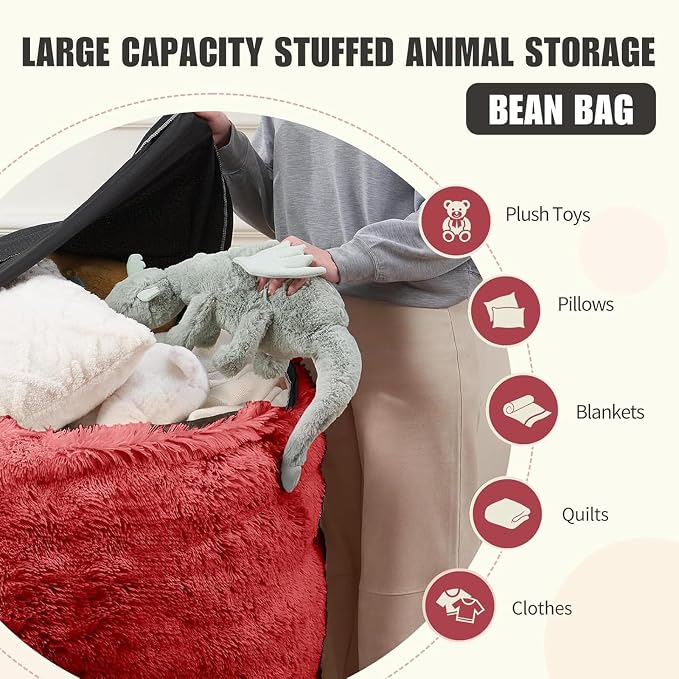 Bean Bag Cover (No Filler) - Faux Fur Beanbag Chairs Covers Only, Stuffed Animal Storage Bean Bag for Adults, Large Washable Beanbag Cover Without Filling, 5FT, Red - Image 3
