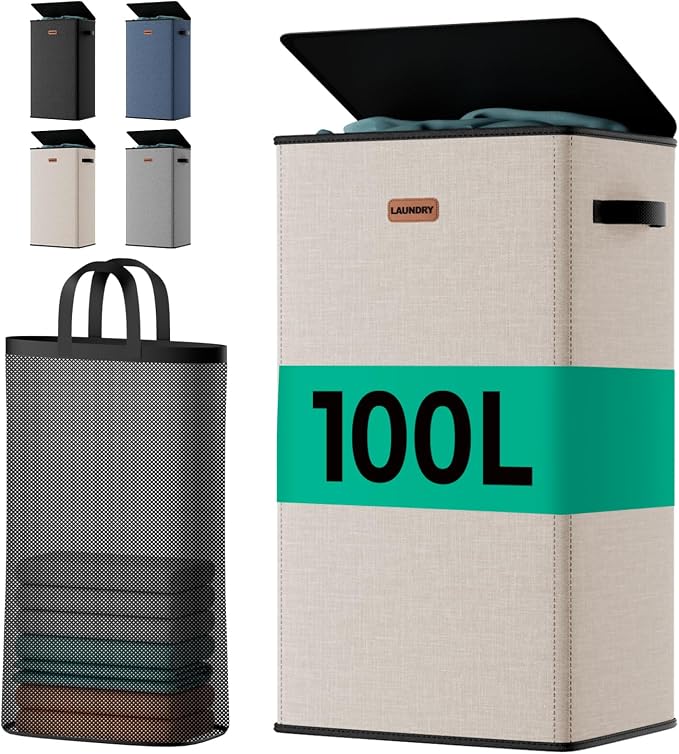 100L Laundry Hamper with Lid, Odor-Controlling Hamper with Handles, Collapsible Laundry Basket with Removable Mesh Bag for Bedroom Bathroom Laundry Room by MECINFUL