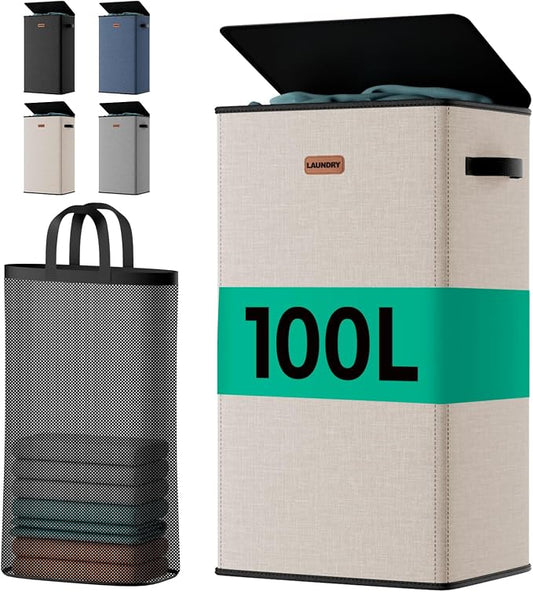 100L Laundry Hamper with Lid, Odor-Controlling Hamper with Handles, Collapsible Laundry Basket with Removable Mesh Bag for Bedroom Bathroom Laundry Room by MECINFUL