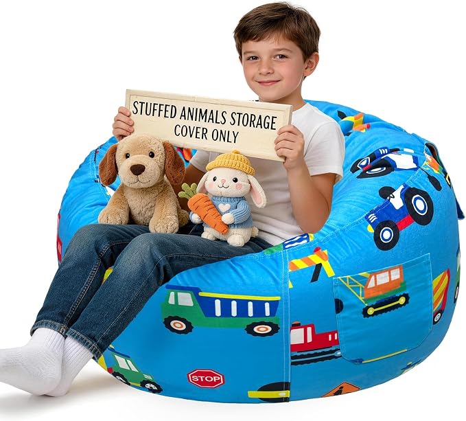 Lukeight Stuffed Animal Storage Bean Bag Chair Cover for Kids, Velvet Plush Toy Organizer Seat, Cover Only, No Filling Included, Long YKK Zipper, Side Pocket, X-Large 30"D x 18"H by Lukeight
