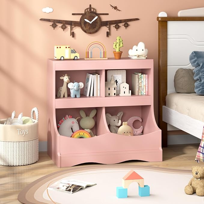 HONEY JOY Kids Toy Storage Organizer, 4-Cubby Wooden Bookcase Cabinet, 2-Tier Open Daycare Shelf for Preschool, Kids Display Bookshelf for Bedroom, Playroom, Classroom & Nursery (Pink) - Image 2
