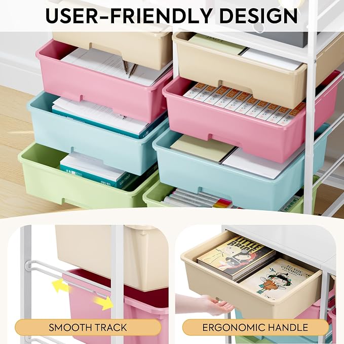 Rolling Storage Cart with 8 Large Drawers,Wooden Tabletop | Open Storage Shelves, Mobile Craft Organizer with Lockable Wheels for Home, Classroom, Office Supplies & Art Studio,Colorful - Image 5