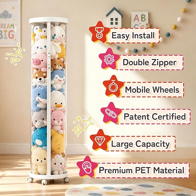 Large Stuffed Animal Storage Tube with Wheels, Tall Toy Organizer with Double Zipper, Clear PET Cylinder Container for Plush Toy Organization, Space Saving Kids Room Storage(White) - Image 5