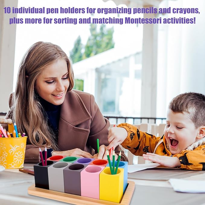 Wooden Colored Pencil Organizer, Desk Organizer (Pencils Not Included) | with 10 Colorful Cups for Home Office School Classroom Markers Crayons Pens Holder Storage - Image 5