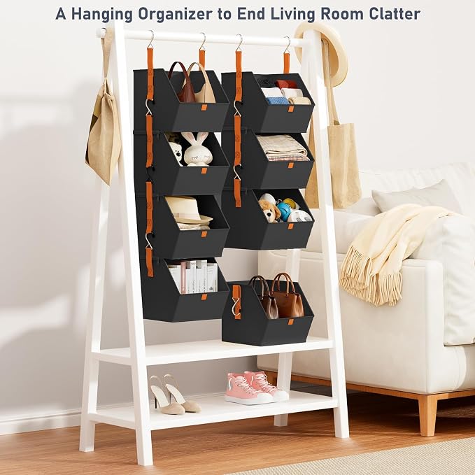 DIMJ Hanging Closet Organizer - 4 Tier Collapsible Hanging Shelves with Hooks Zipper, Fabric Clothes Organizer, Space-Saving Storage Bin Basket for RV, Bedroom, Laundry Organization - Image 5