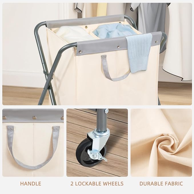 STORAGE MANIAC 125L Collapsible Laundry Hamper with Wheels, Rolling Laundry Basket, Heavy Duty Cloth Sorter with Removable Bag, Folding X Frame Clothes Organizer Cart for Easy to Store, 2 Section - Image 4