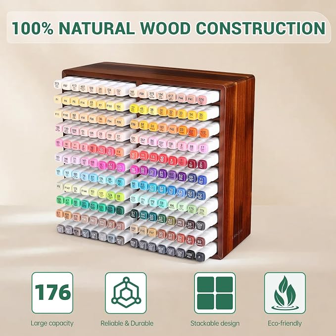 Acacia Wood Marker Organizer with 22 Compartments Holds 176 Markers, Alcohol Marker Storage Desk Organizer Pen Holder for Office Home Classroom Artists Kids Birthday Gift - Image 5