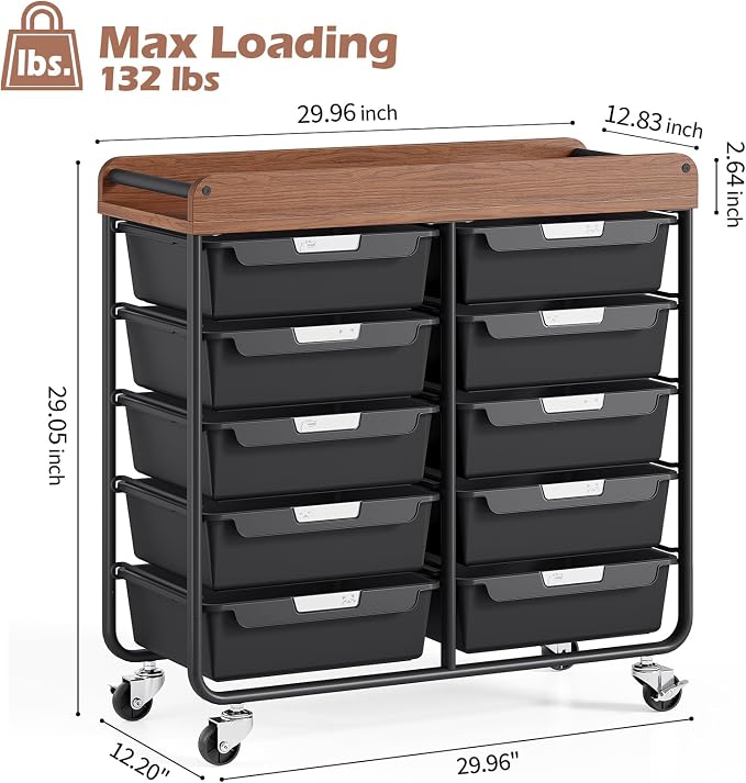 10 Drawers Rolling Cart with Wooden Tabletop, Utility Storage Cart with Wheels, Art Supply Craft Organizer on Wheel with Metal Frame & Handles for Home Office School,Black | Easy Setup, Large Capacity, Sturdy Build, Lockable Mobility, For office, class... - Image 3