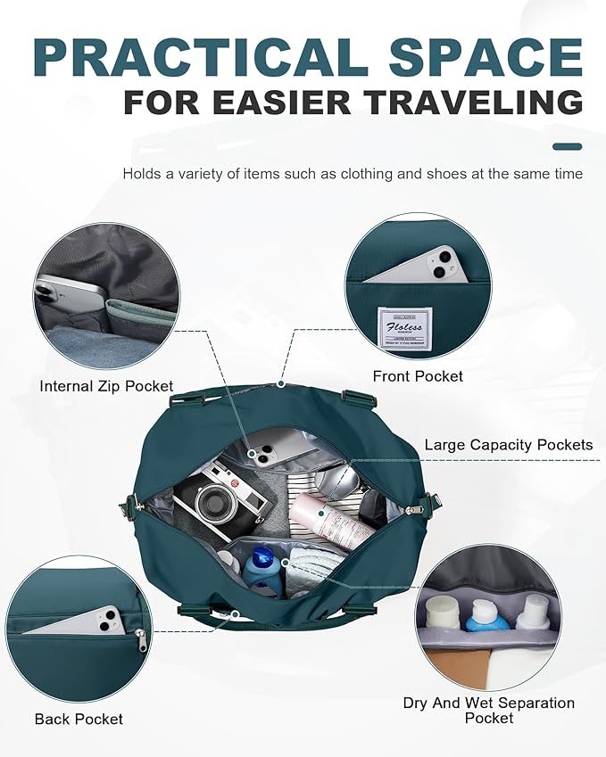 Travel Duffel Weekender Bag Women Tote Carry On Bags With Shoe Compartment | 18x14x8 inches Travel Overnight Bags with Trolley Sleeve for Airplanes Sport Tote Gym for Men Lightweight Daypack DarkBlue - Image 3