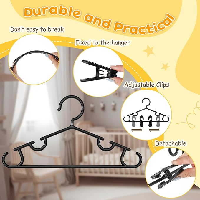 Hsei Baby Hanger with Clip for Pant,30 Packs Total,Black,10.6 Inch | 10 Kids Plastic Hanger with 20 Clips for Newborn, Nursery, Daycare, Preschool, Closet, Wardrobe Organizer for Baby Shower - Image 3