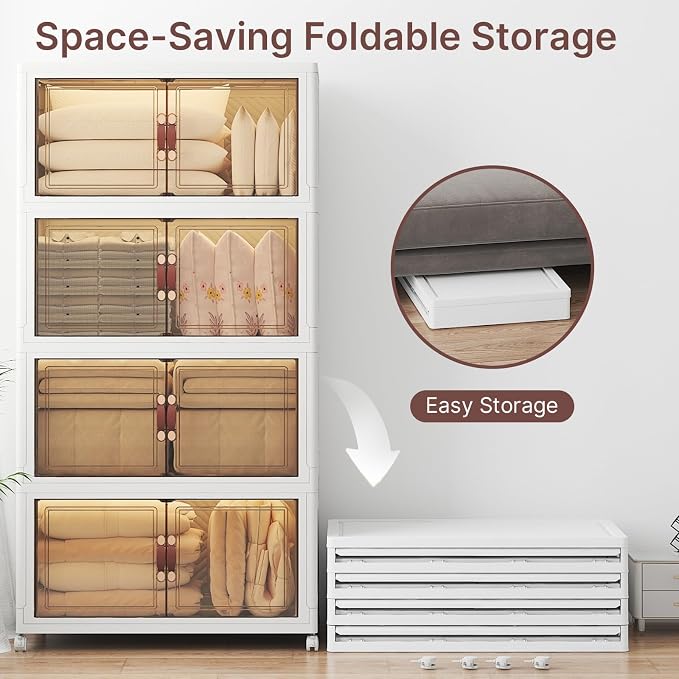 Stackable Storage Bins with Lids, 720QT Lockable Storage Cabinet | Folding Storage Box with Doors and Wheels, Collapsible Plastic Drawers for Home, Garage, Office - Image 4