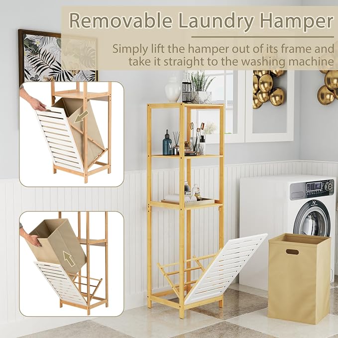 LOKO Bamboo Tilt-Out Laundry Hamper, 3-Tier Freestanding Laundry Basket with Shelf & Removable Liner, Laundry Sorter, 51" Tall Clothes Hamper Storage Organizer for Bathroom, Small Space, Natural - Image 8