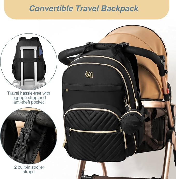 Diaper Bag Backpack, Quilted Baby Bag with Changing Pad & Stroller Straps & Pacifier Case, Large Travel Diaper Bags for Mom Dad, Black - Image 3