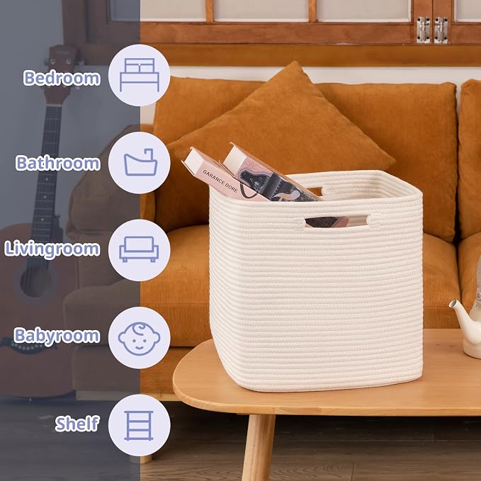 OIAHOMY 3 PACK Cube Storage Bin 13 Inch Collapsible Storage Cube White | Cube Storage Organizer Storage Bins for Shelves Baskets for Organizing Woven Rope Storage Baskets - Image 4