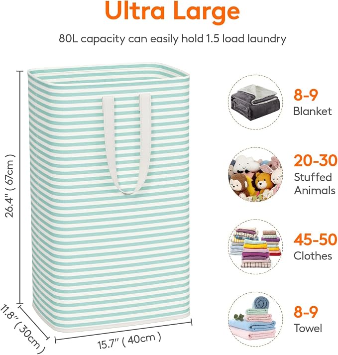 Lifewit 2 Pack Laundry Basket 80L Each, Collapsible Clothes Hamper with Reinforced Handles, Freestanding Waterproof Design for Bedroom and Laundry Room, Sage Green 160L Total - Image 3