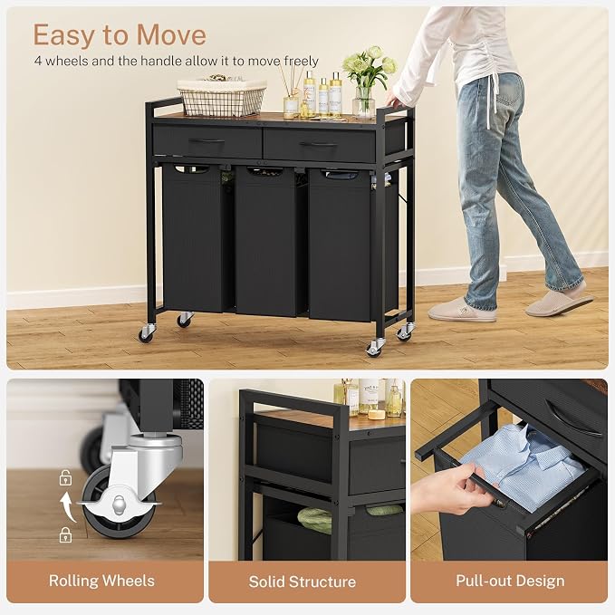 Laundry Sorter 3 Section, 120 L Laundry Hamper with 2 Drawers & 2-tone Top Panel, Rolling Laundry Basket Organizer with Pull-Out Removable Oxford Fabric Bags for Laundry Room Organization UNZYL006BVV3 - Image 5
