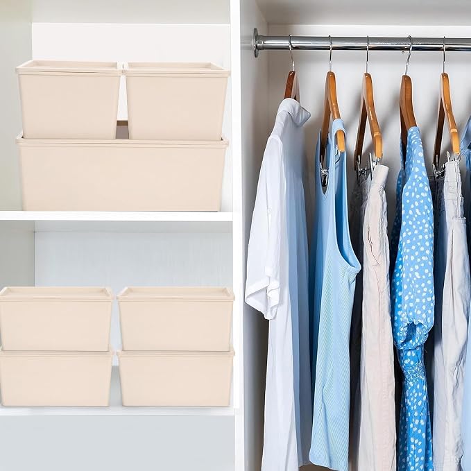 6 Pcs White Large and Small Plastic Storage Bins with Lids | 14.4 x 10.4 x 5.1 Inch and 10.6 x 7.5 x 4.7 Inch, Stackable Storage Container, Decorative Organizer for Shelves Closet Office - Image 6
