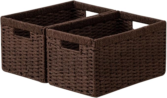 joybest Dark Brown Wicker Baskets for Shelves, Hand-woven Storage Baskets | 13.4L x 8.3W x 7.1H inch for Pantry, Kichen Organizing, Foldable Rectangular Bin with Handles, 2-pack by joybest