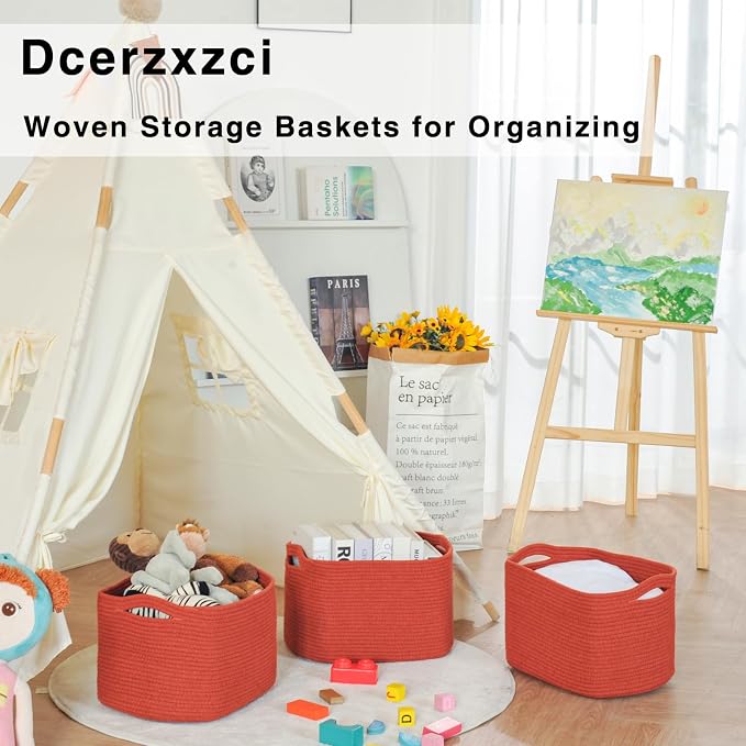 Storage Baskets for Organizing Shelves, Woven Cotton Rope Basket for Storage, Dog Toy Baskets Storage Kids, Cute Shelf Basket for Living Room Bedroom, 14.8"×11"×9.5", Pack of 3, Brick Red - Image 6