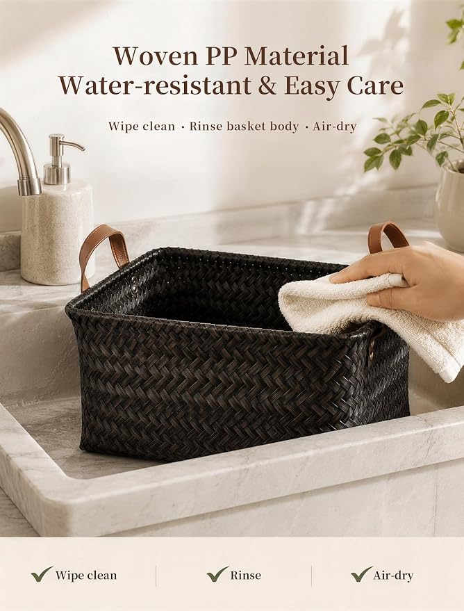 Wicker Storage Baskets, 4 Pack Woven Baskets for Shelves, Dark Gold | PP Rattan, Water-resistant Wicker Basket, Large Baskets with Faux Leather Handles for Blanket, Laundry Organizer, Room Decor - Image 7