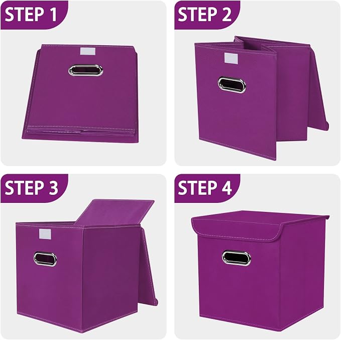 Closet Organizers Fabric Storage Bins With Lids Collapsible Cube Storages Organizer Basket With Handles,Storage Boxes for Clothes Storage,Office,Toys,3 Pack,（Purple - Image 6