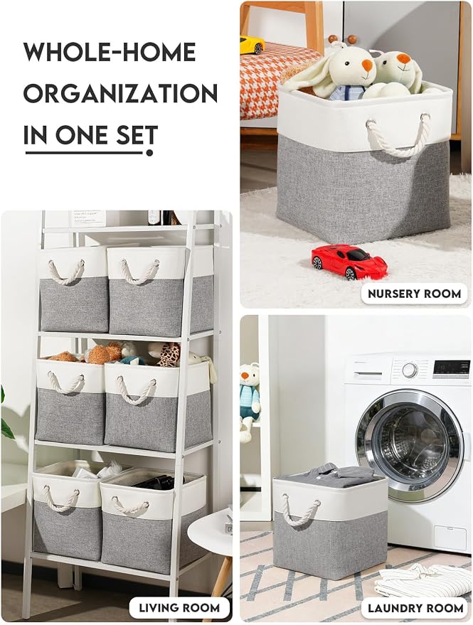 Temary 11 Inch Cube Storage Bins - 6 Pack Foldable Fabric Storage Baskets with Soft Rope Handles, Sturdy Organizer Cubes with Metal Frame for Shelves, Closet, Office & Home Organization (White&Grey) - Image 6