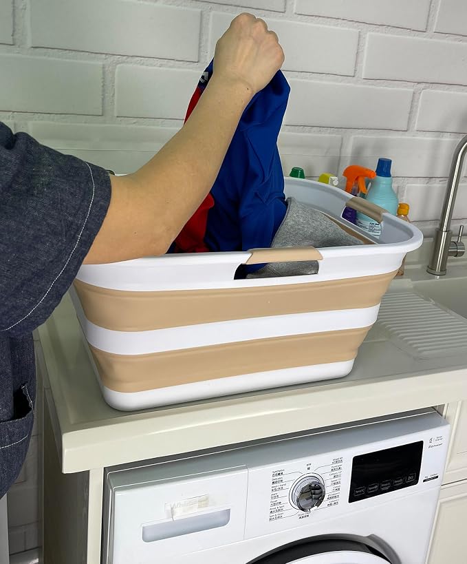 SAMMART 42 (11 Gallons) Collapsible Plastic Laundry Basket, Foldable Pop Up Storage Container/Organizer, Space Saving Hamper, Portable Bin for Dorm Room Bathroom (1, White/Beige) - Image 4