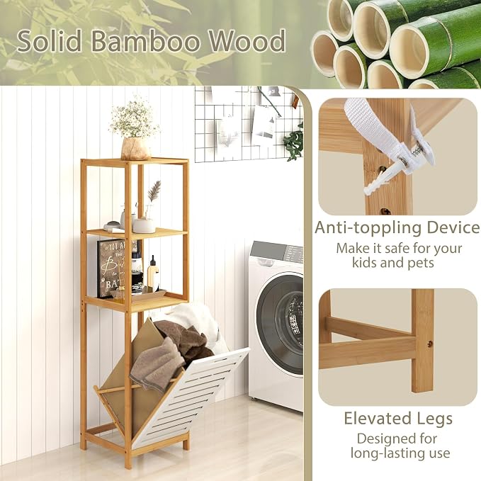 LOKO Bamboo Tilt-Out Laundry Hamper, 3-Tier Freestanding Laundry Basket with Shelf & Removable Liner, Laundry Sorter, 51" Tall Clothes Hamper Storage Organizer for Bathroom, Small Space, Natural - Image 6