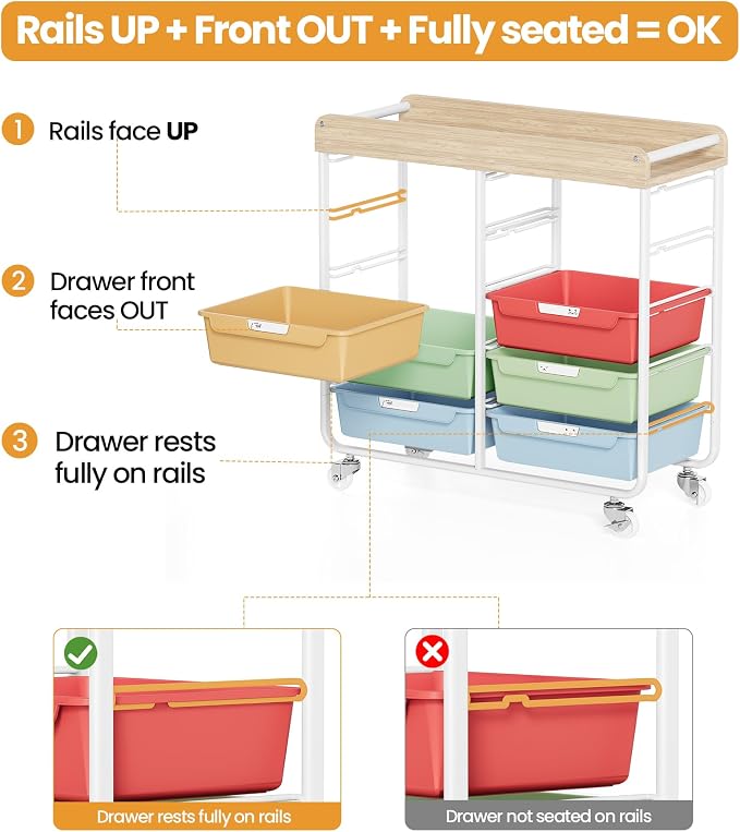 10 Drawer Rolling Storage Cart with Wood Top for Classroom Crafts Colorful | Easy Setup, Large Capacity, Sturdy Build, Lockable Mobility, For office, classroom and home supplies - Image 7