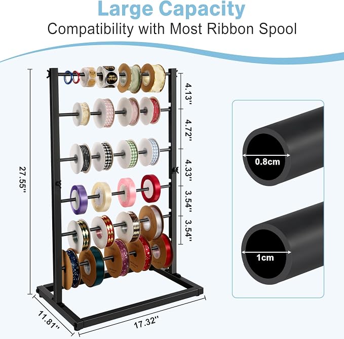 Aulin 6 Tier Large Capacity Ribbon Storage Organizer Rack (Black) | Metal Ribbon Spool Holder：It comes with six standard-thickness rods and three thinner rods. - Image 2