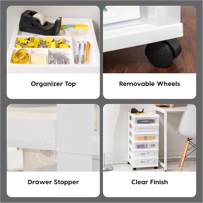 IRIS USA Plastic Drawer Storage Organizer Rolling Cart, 2-Pack, with Wheels Casters, 6-Drawers, for Classroom Art Craft Supplies Dresser Closet Bathroom Laundry Room, White/Clear - Image 5