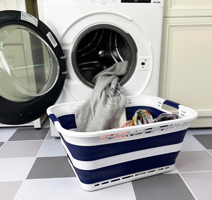 SAMMART 42L (11 Gallons) Collapsible Plastic Laundry Basket - Foldable Pop Up Storage Container/Organizer - Portable Washing Tub - Space Saving Hamper/Basket [BPA Free] (White/Starry Blue) - Image 2