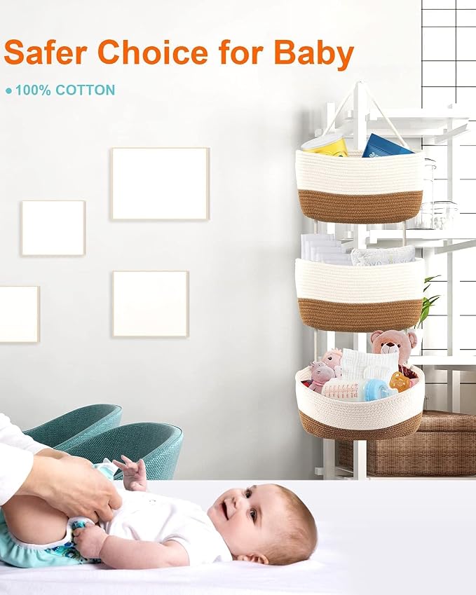 Over the Door Organizer, Honizer Wall Hanging Storage Basket, 3-Tier Cotton Rope Woven Hanging Baskets for Organizing, Nursery, Bedroom, Bathroom, Living Room- Jute&White (3 Hooks included) - Image 6
