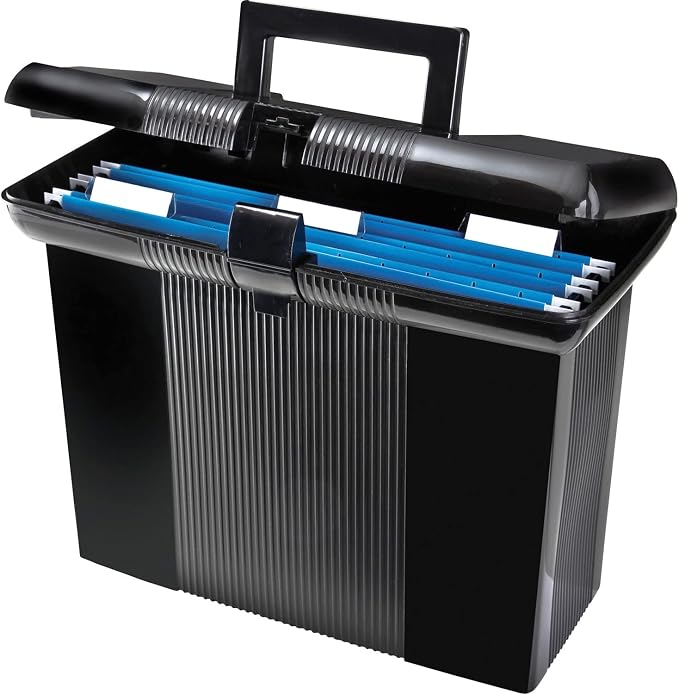 Pendaflex Portable File Box with File Rails, Hinged Lid with Double Latch Closure, Black, Includes 3 Letter Size Hanging Folders (41732) by TOPSProducts