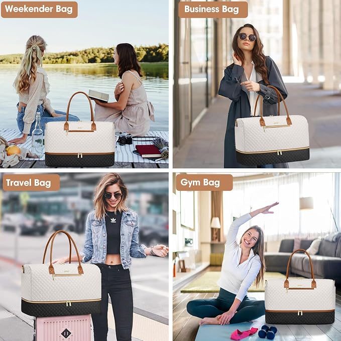 Travel Weekender Duffle Bags for Women - Duffel Bag with Shoe Compartment Carry On Overnight Bag with Toiletry Bag with Wet Pocket for Gym Hospital Bags for Labor and Delivery Black White Brown - Image 6