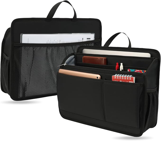 Large Rugged Organizer Insert for Briefcase Tote Shoulder Messenger Bag-20 Pockets,Padded Water-repellent Nylon-Black by DELTAMANN