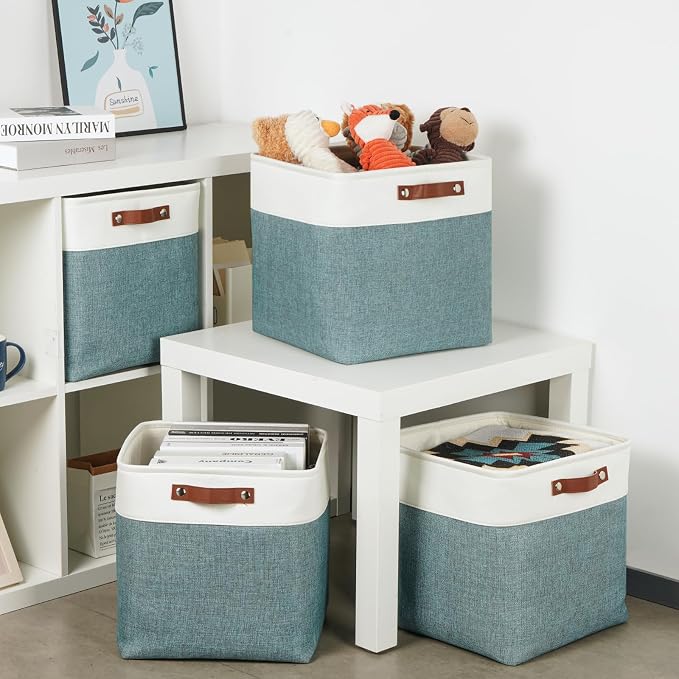 DULLEMELO Storage Bins, 4 Pack Of 13x13x13 Decorative Storage Cube Bins Suit Office, Home, Shelves And Closet, Stackale Gift Baskets Empty with Leather handle (White&Deep Green) - Image 4
