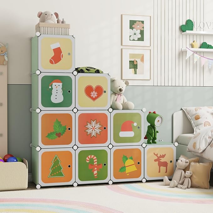 HONEY JOY Kids Wardrobe Closet, Baby Cartoon Clothes Storage Organizer, 12 Cubes & 2 Hanging Sections, Portable Children DIY Modular Bedroom Armoire Dresser Cabinet for Boys Girls (Green) - Image 9