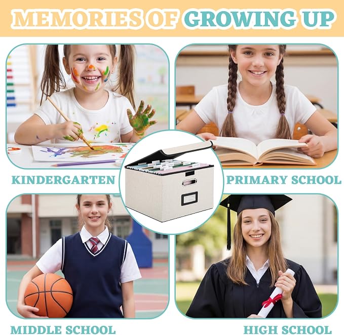 School Memory Organizer Box Kit K-12 School Year Memory Keepsake with 24 Different Memorys Questionnaire 24 Hanging File Folder 2 Label for Kid Storage Picture File Keeper(Neutral,Beige,Linen) - Image 6