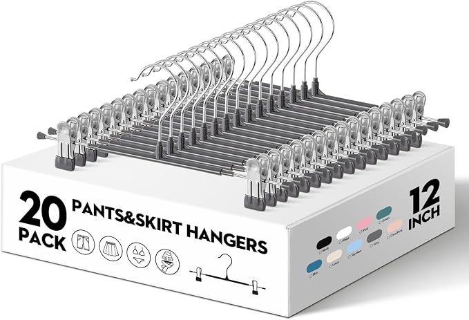 Pants Skirt Hangers with Clips, 20 Pack, Gray, 12 Inch | Non-Slip,Adjustable metal wide clips,Space-Saving,Heavy duty, for pants/skirt/dress/trousers/jeans/shorts/leggings,Women - Image 2