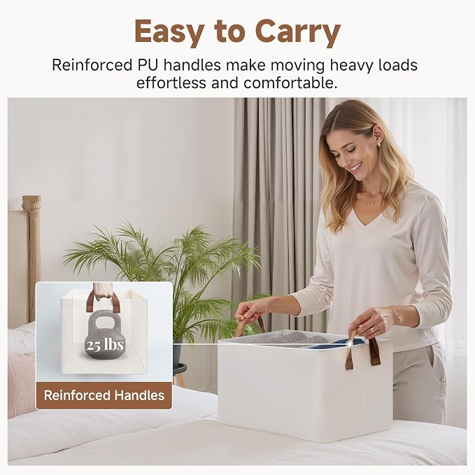 StorageWorks Fabric Storage Bins, Linen Closet Organizers, Natural, 2-Pack | With Reinforced PU Handles, Metal Frame, Collapsible, Storage Basket for Shelves, Closet, Holds Clothes, Towels, Blankets - Image 5