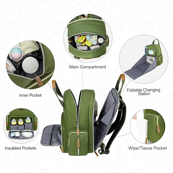 Diaper Bag Backpack with Changing Station, Baby Diaper Organizer Travel Bag | Large Capacity Diaper Bag for Moms Dads - Fold Out Changing Pad, Insulated Pockets, Stroller Straps, Baby Eessentials - Image 5