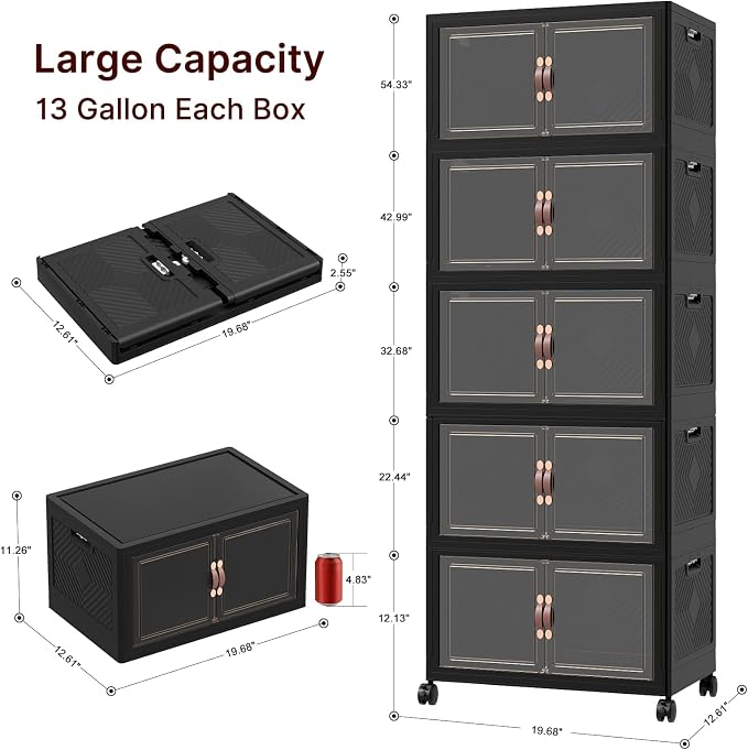 Stackable Storage Bins with Lids, 240QT Lockable Storage Cabinet | Folding Storage Box with Doors and Wheels, Collapsible Plastic Drawers for Home, Garage, Office - Image 2