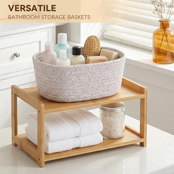 10 Pack Khaki Small Woven Baskets for Organizing, 12"x8"x5" Cotton Rope Storage Bins with Handle, Empty Gift Basket Kit for Baby Shower, Nursery, Shelf, Bathroom & Closet Organizing - Image 5